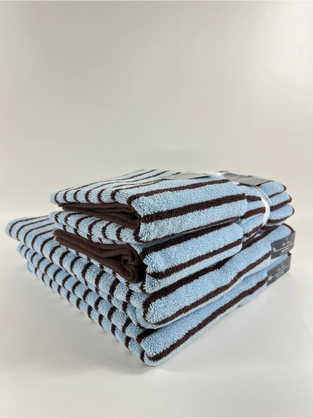 Brooks Brothers Bath Towel Set Blue Brown Stripe Soft Zero Twist Cotton 8 Pc NEW